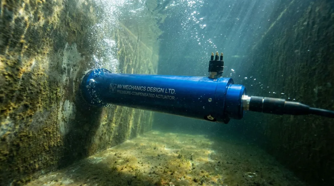 NV Mechanics pressure-compensated underwater actuator with rolling diaphragm oil compensation system