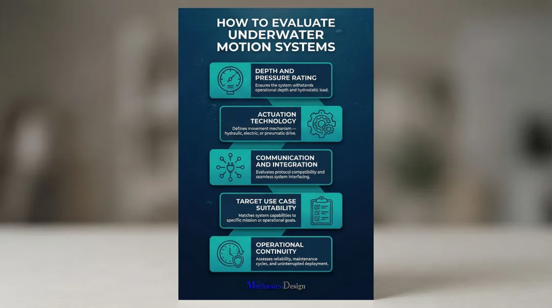 five criteria for evaluating underwater motion systems selection framework infographic