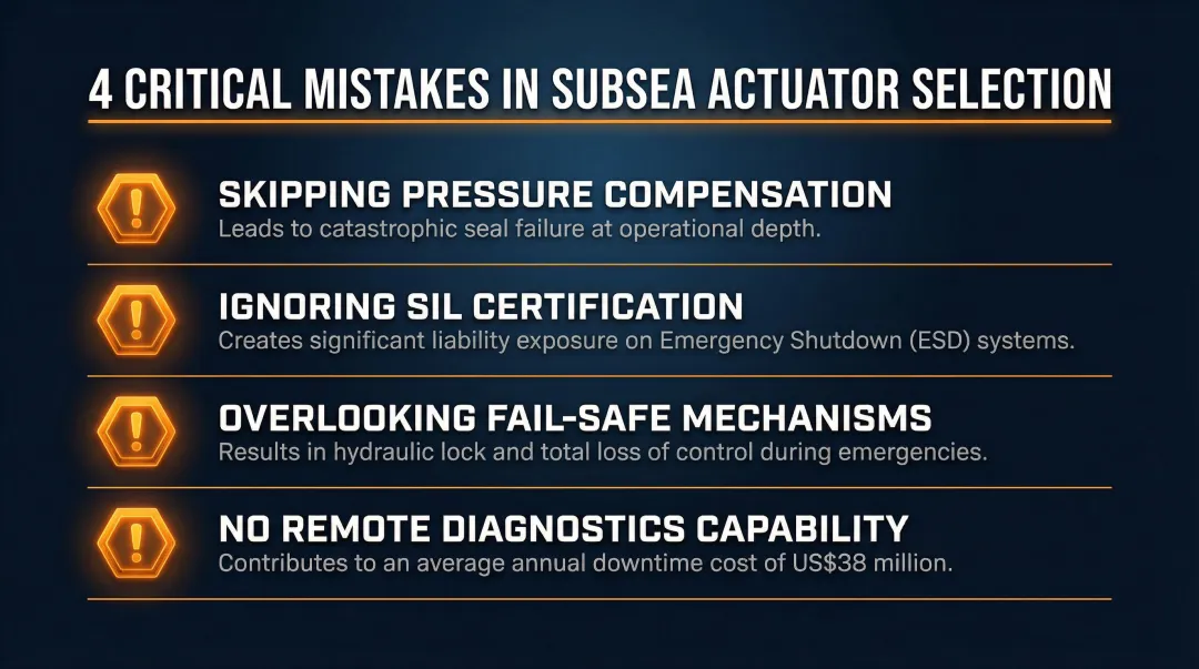 Four critical marine actuator buyer mistakes to avoid with consequences infographic
