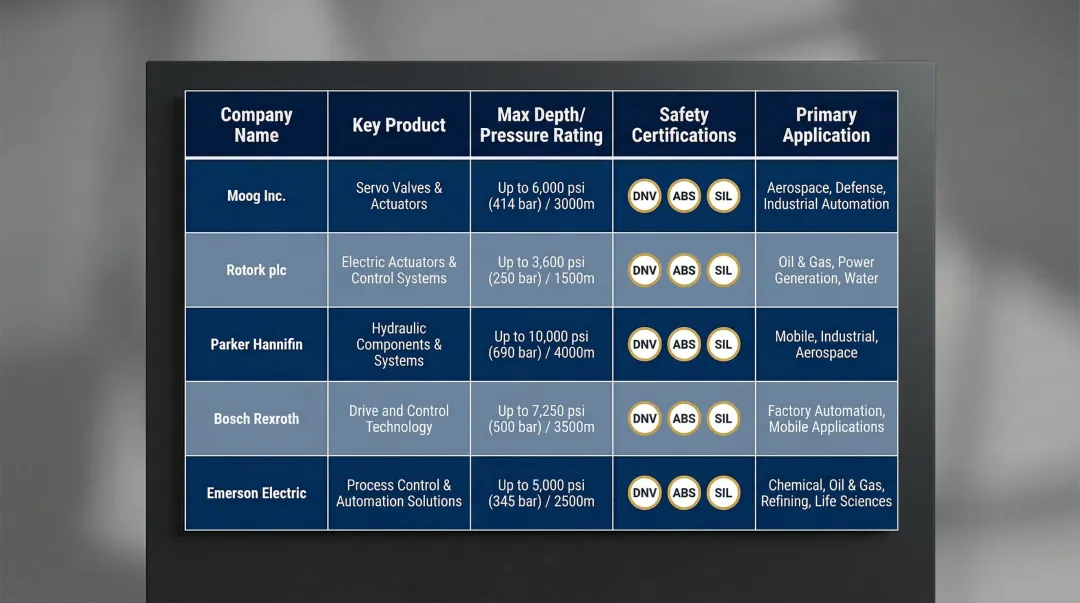Top five marine electromechanical actuator competitors comparison chart by depth rating and certifications