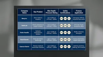 Top five marine electromechanical actuator competitors comparison chart by depth rating and certifications