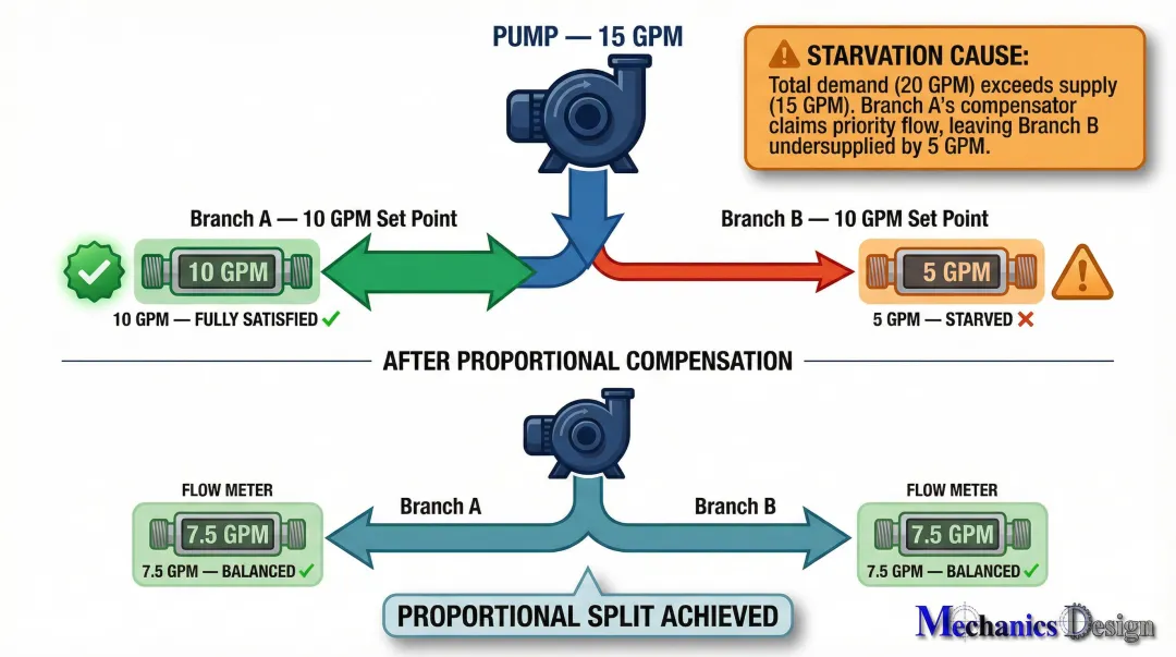 Parallel hydraulic circuit flow starvation diagram showing 15 gpm pump two branch example