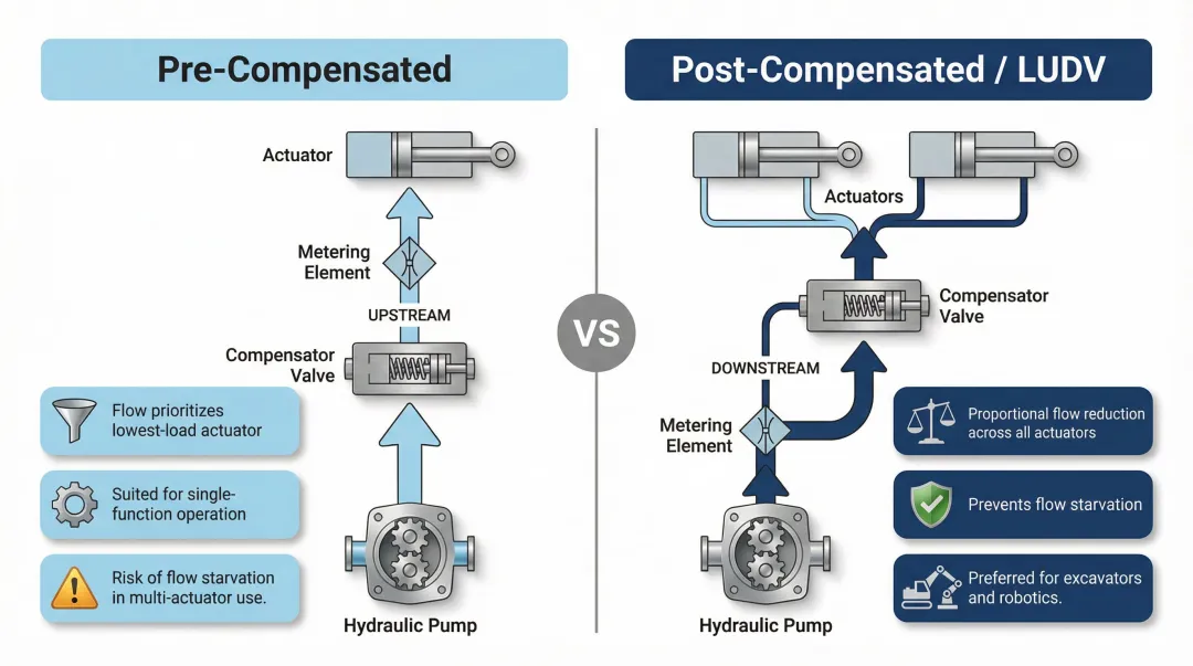 Pre-compensated versus post-compensated hydraulic system architecture comparison infographic