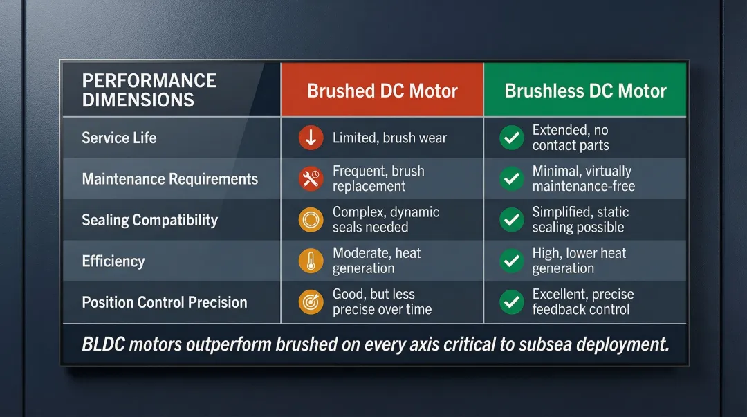 Five-dimension brushed versus brushless DC motor underwater performance comparison table infographic