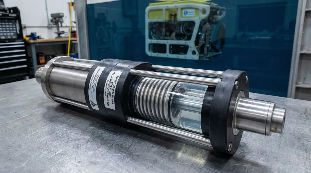 Pressure-compensated oil-filled underwater linear actuator housing cross-section detail
