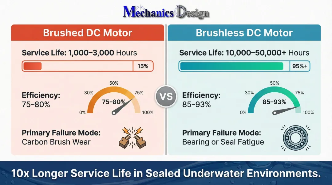BLDC versus brushed motor service life and efficiency comparison infographic chart