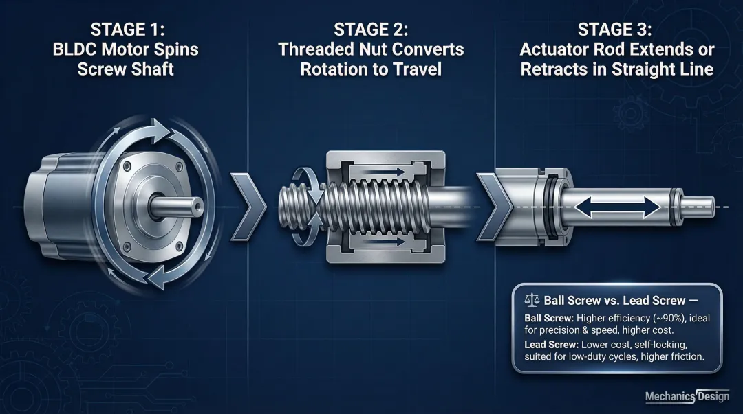 3-step BLDC rotation to linear motion conversion process flow diagram