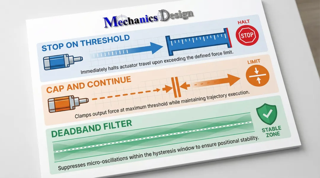 Three force control strategies stop-on-threshold cap-and-continue and deadband filter flow diagram