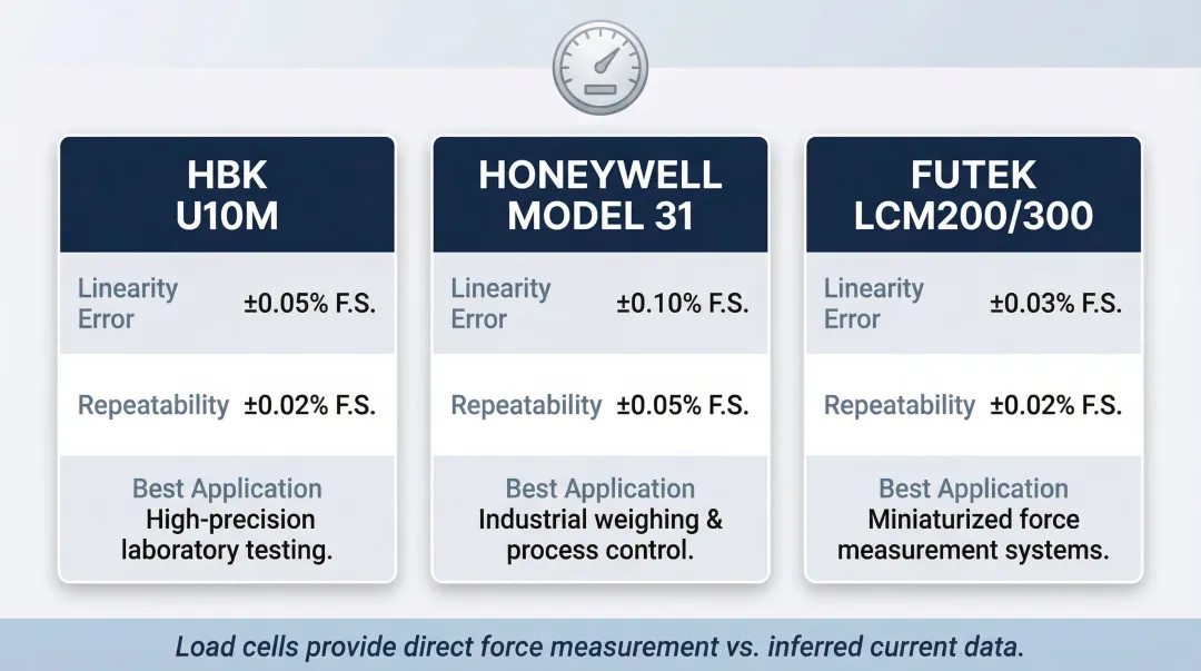 Load cell sensor comparison table showing linearity repeatability and application data