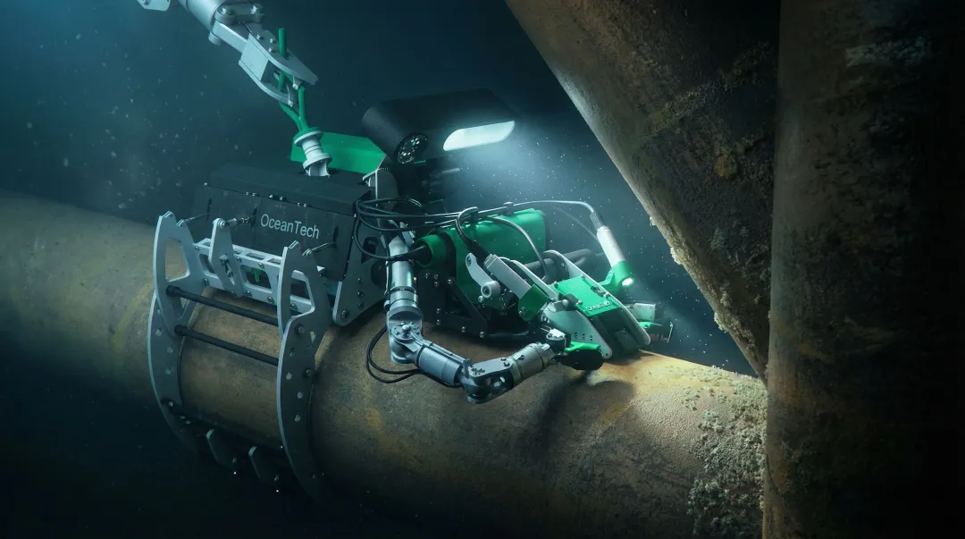 Subsea ROV manipulator arm performing underwater inspection operation at depth