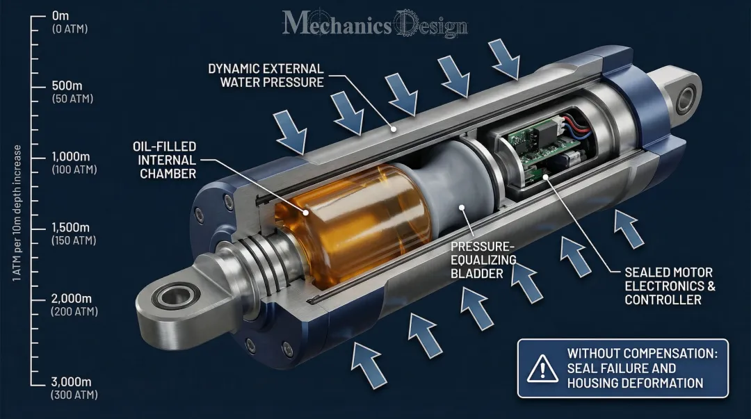 Underwater actuator pressure compensation system depth rating diagram with oil bladder mechanism