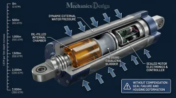 Underwater actuator pressure compensation system depth rating diagram with oil bladder mechanism