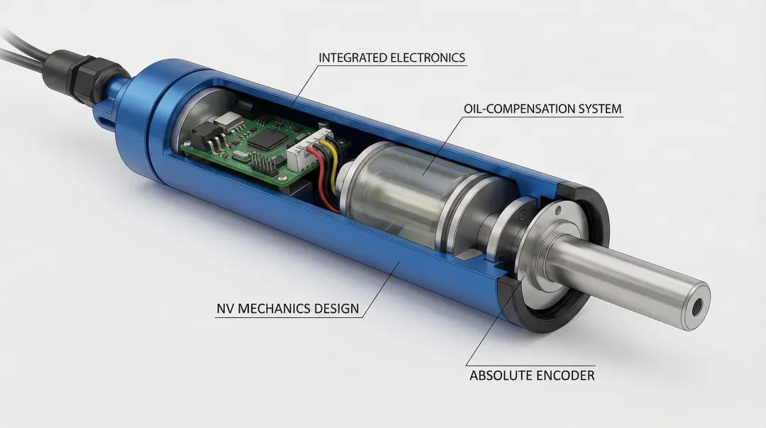 NV Mechanics Design underwater linear actuator showing integrated housing encoder and control electronics
