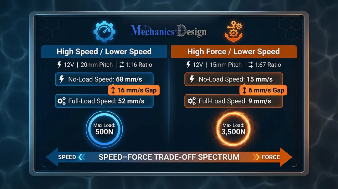 Actuator speed versus force trade-off comparison table for two gear configurations