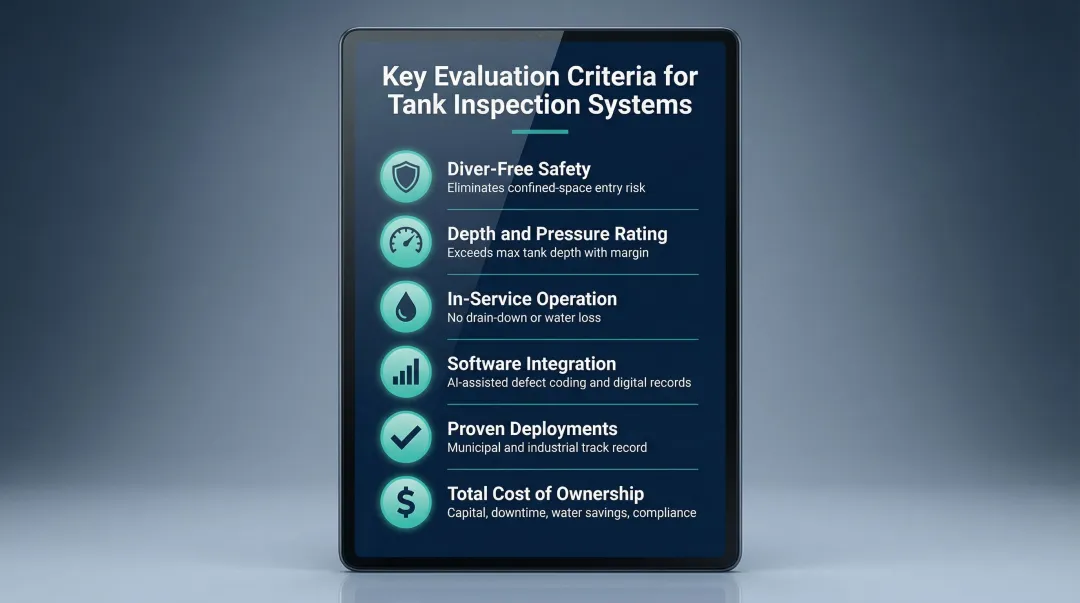 six criteria framework for evaluating robotic water tank inspection and cleaning systems