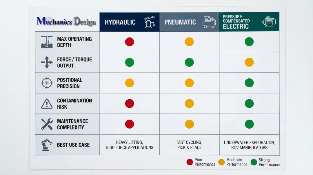 Hydraulic versus pneumatic versus electric underwater actuator comparison table infographic