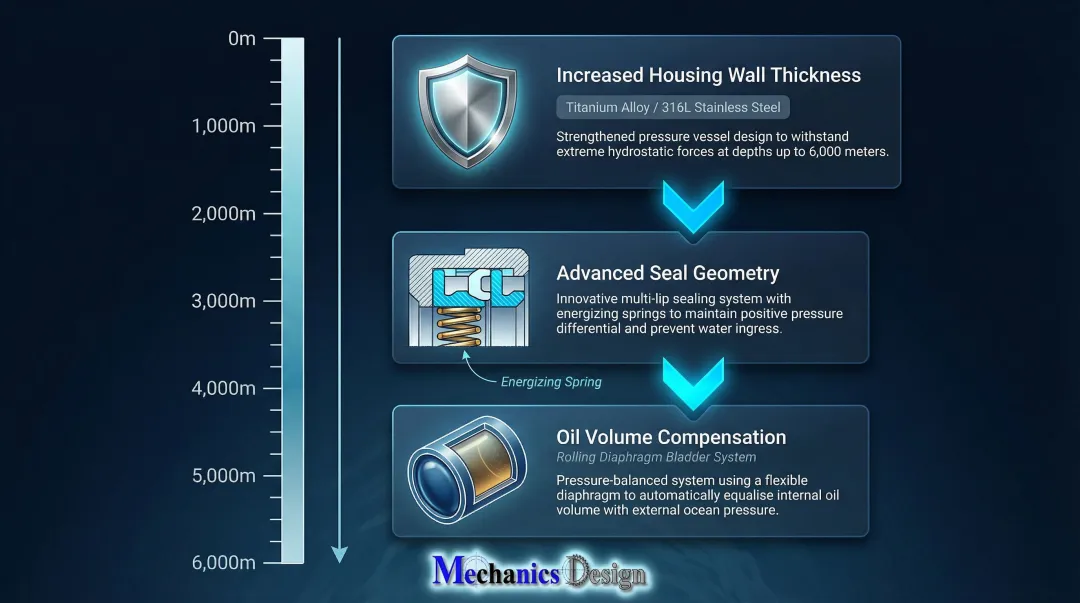 Three engineering methods enabling 6000 meter underwater actuator depth ratings infographic