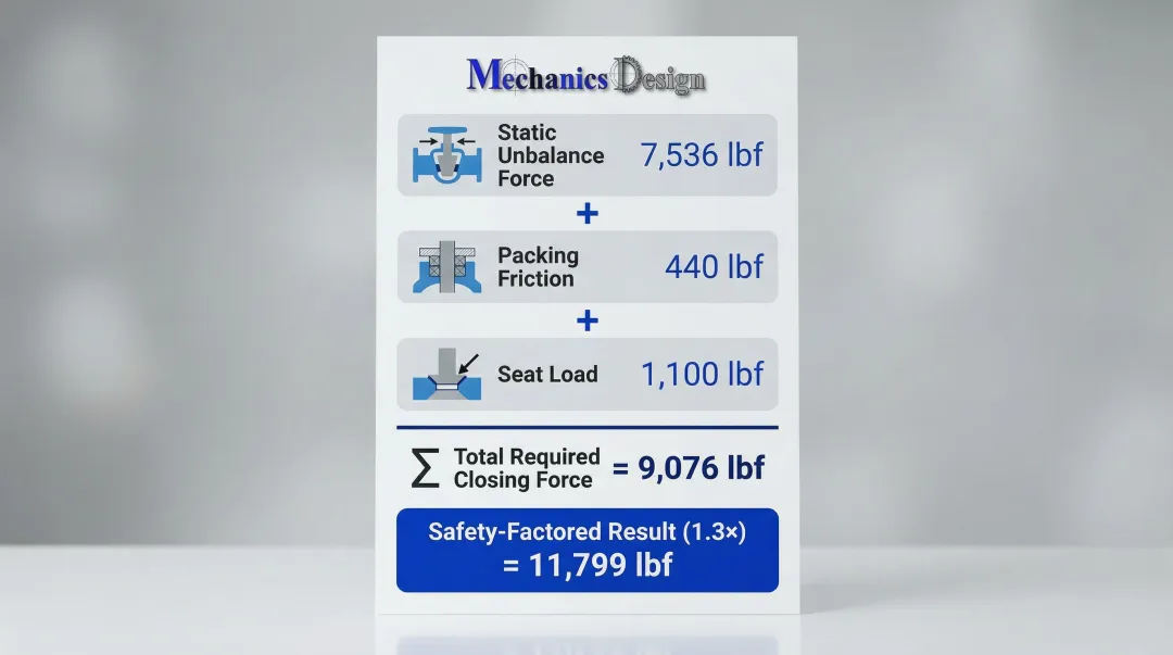 Four-component actuator closing force calculation formula with worked example