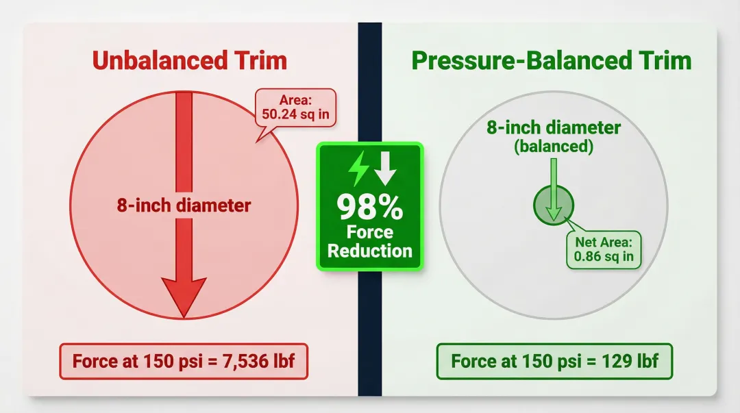 Unbalanced versus pressure-balanced trim closing force comparison infographic