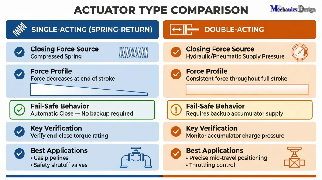 Single-acting spring-return versus double-acting actuator closing force comparison chart
