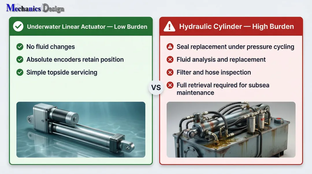 Electric actuator versus hydraulic cylinder maintenance burden comparison checklist infographic