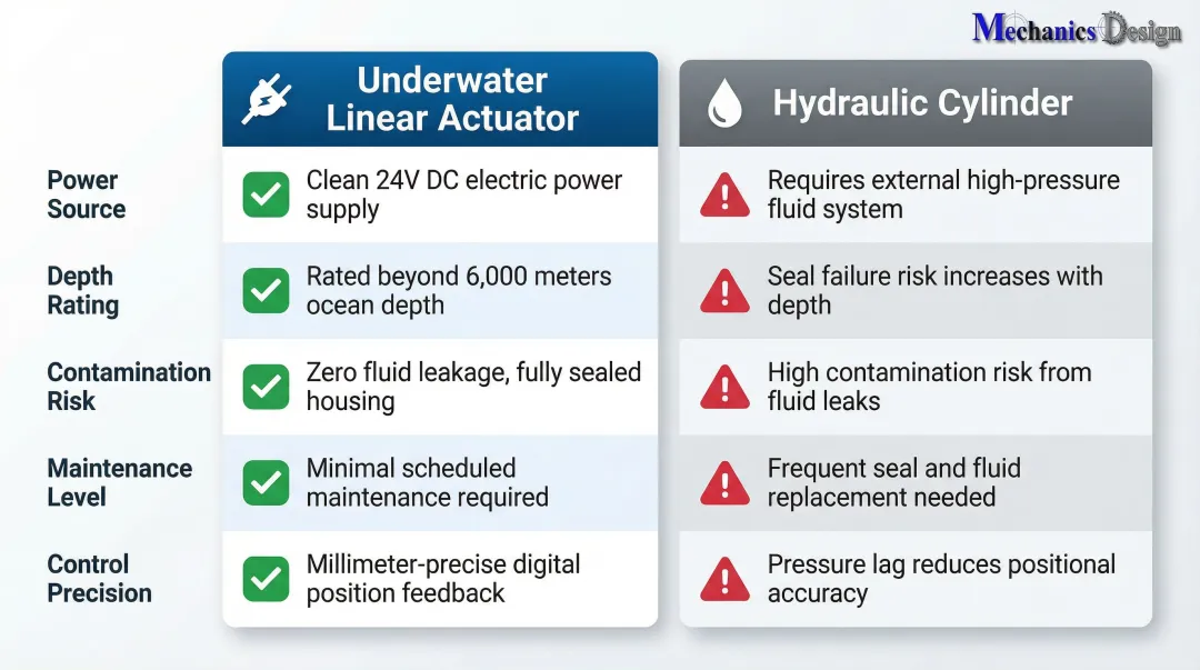 Underwater linear actuator versus hydraulic cylinder five-dimension comparison infographic