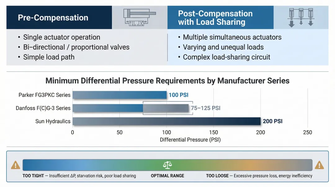 Pre versus post pressure compensator valve selection guide with manufacturer minimum pressure specifications