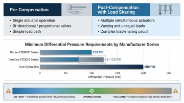 Pre versus post pressure compensator valve selection guide with manufacturer minimum pressure specifications