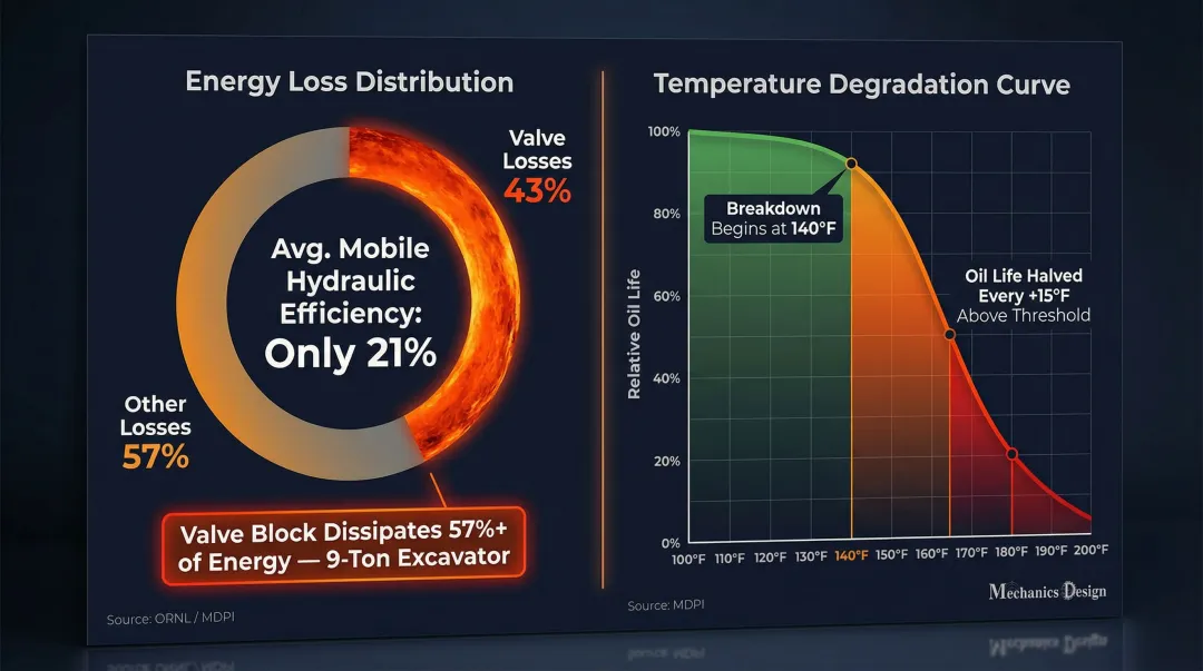 Hydraulic system energy loss breakdown showing valve losses and fluid temperature degradation statistics