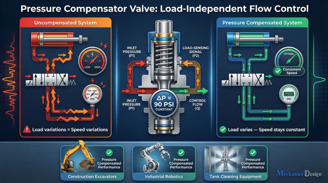 Pressure compensator valve maintaining consistent actuator speed under variable load conditions