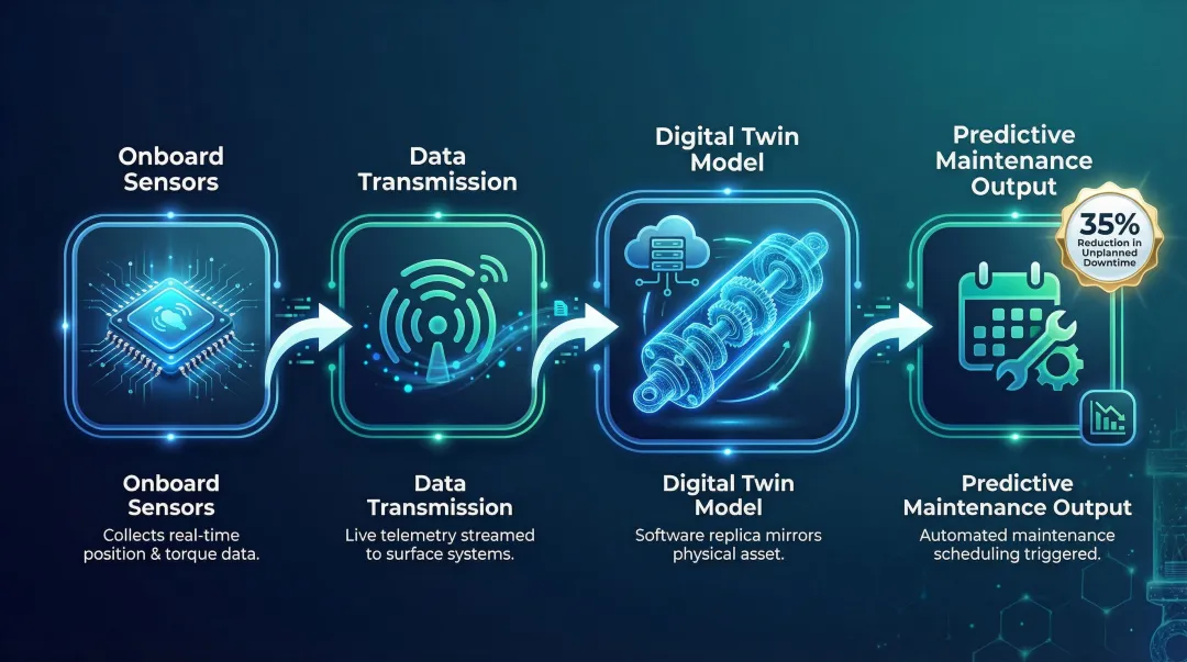Subsea actuator digital twin integration data flow from sensors to predictive maintenance platform