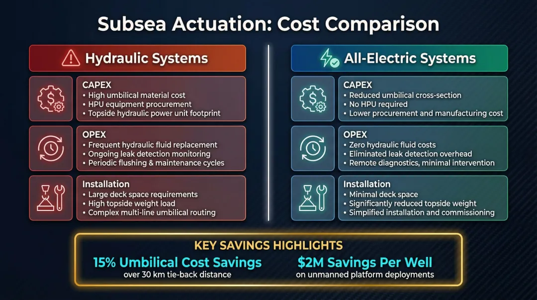 Electric versus hydraulic subsea actuation cost savings CAPEX OPEX comparison infographic