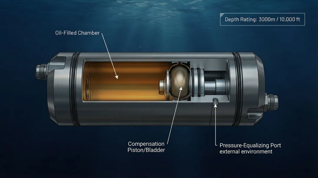 Subsea actuator pressure compensation housing cross-section diagram at deep water depth
