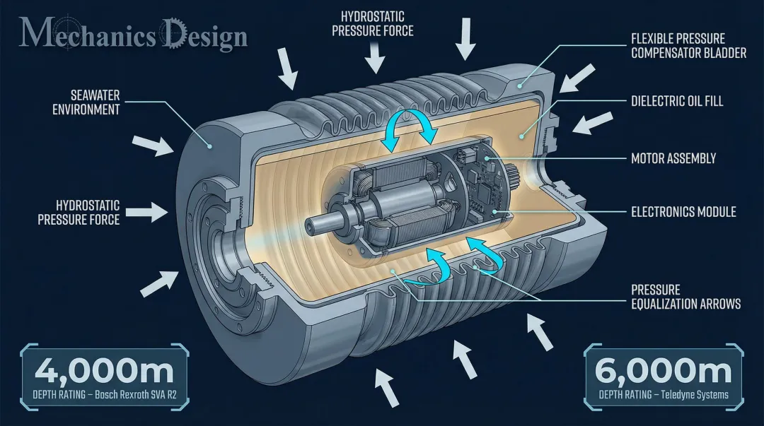 Pressure compensation mechanism cross-section diagram showing bladder oil equalization at depth