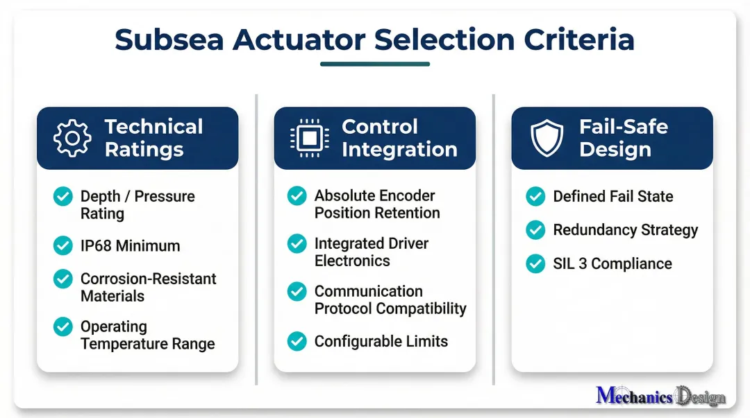 Subsea actuator selection criteria checklist covering technical ratings control integration and fail-safe behavior