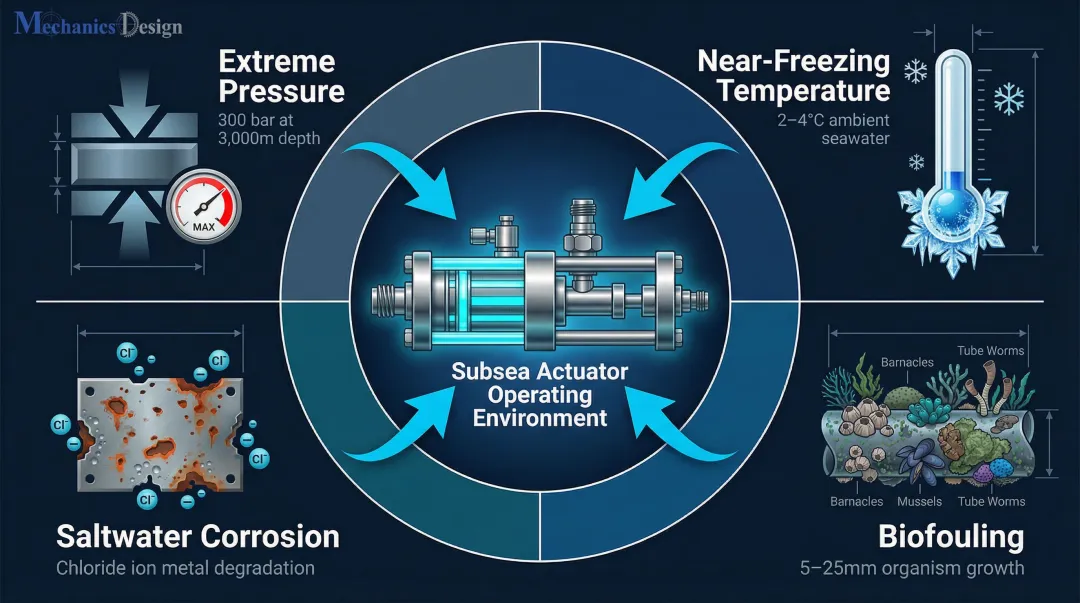 Four compounding subsea environmental stressors pressure temperature corrosion biofouling infographic
