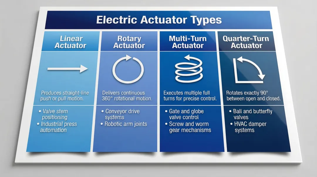 Four electric actuator types comparison chart linear rotary multi-turn quarter-turn