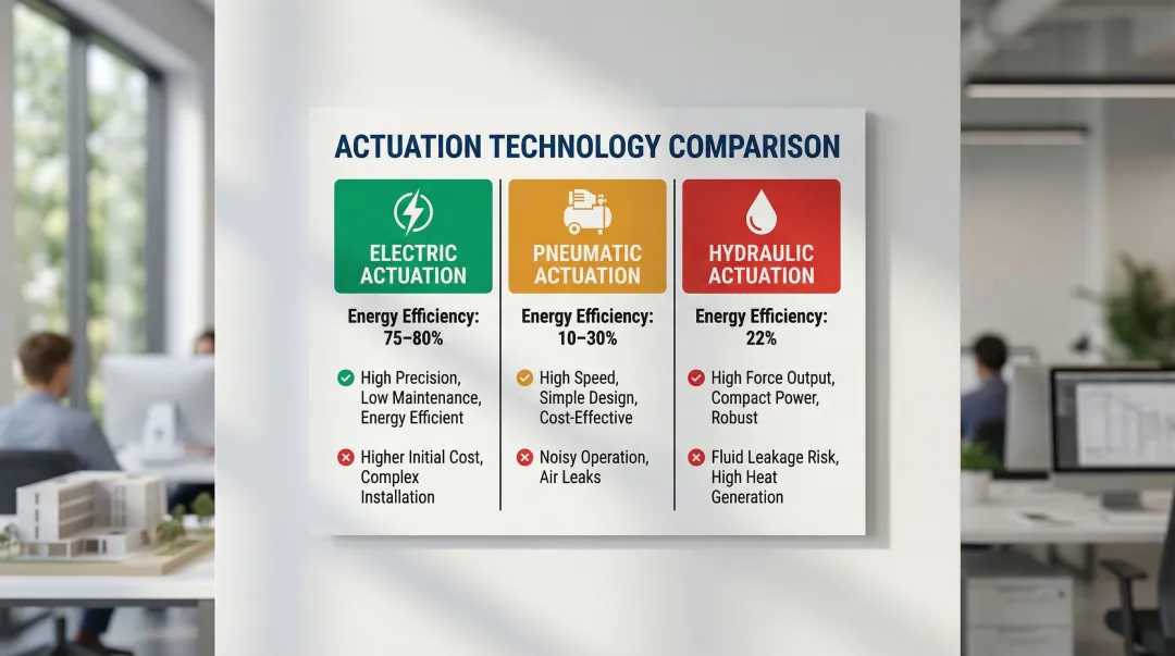 Electric versus pneumatic versus hydraulic actuator efficiency and cost comparison infographic