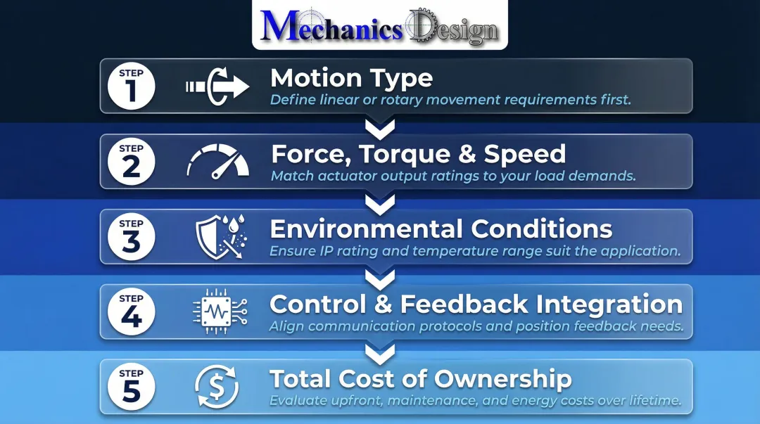 Five-step electric actuator selection criteria process flow from motion type to total cost
