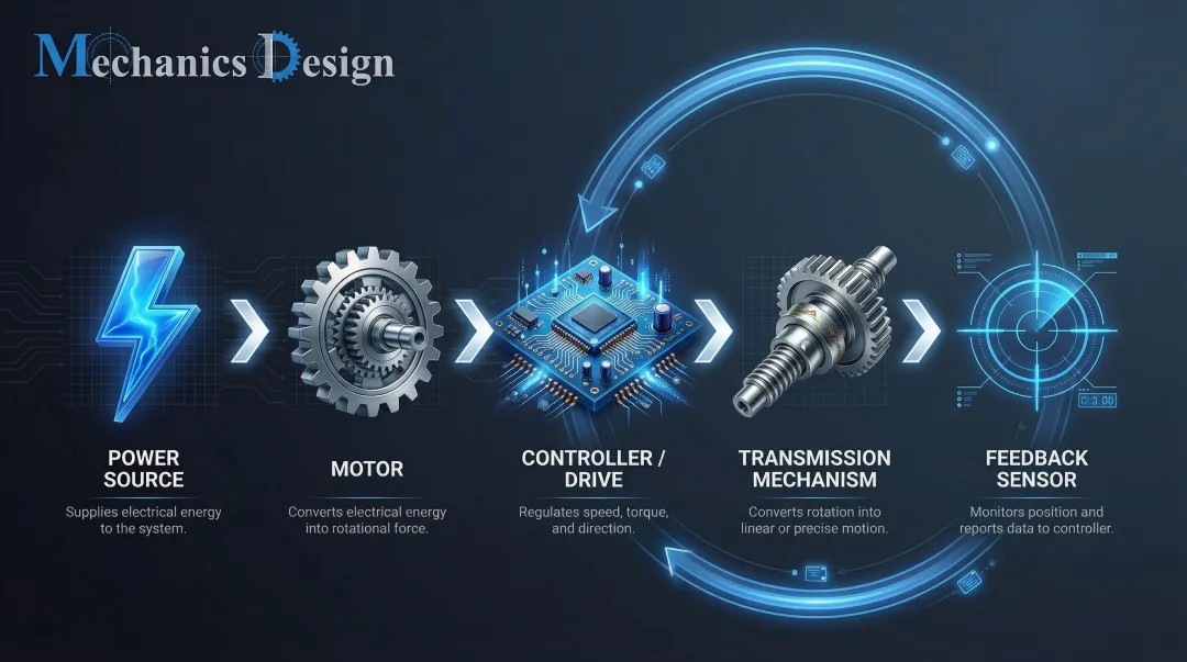 Five core electric actuator components diagram from power source to feedback sensor