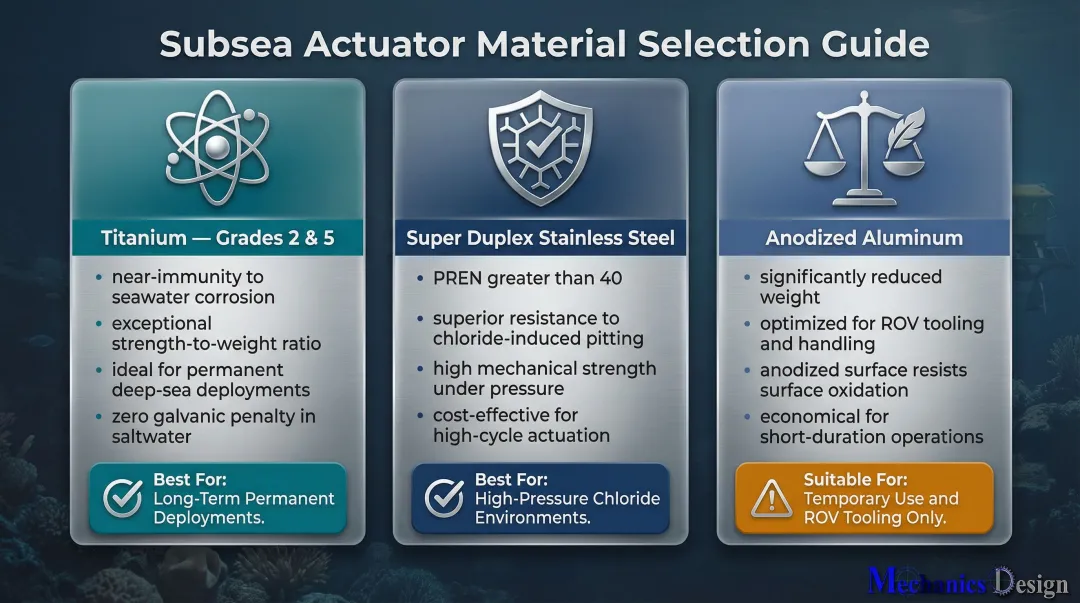 Three subsea actuator material types corrosion resistance comparison infographic