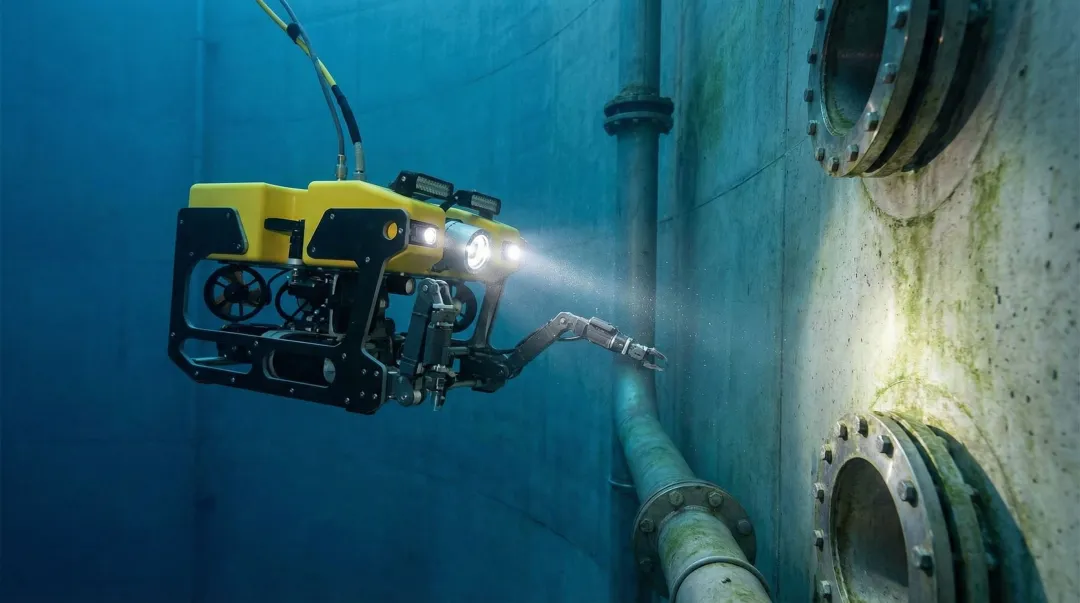 Underwater ROV inspecting submerged water tank infrastructure with robotic arm
