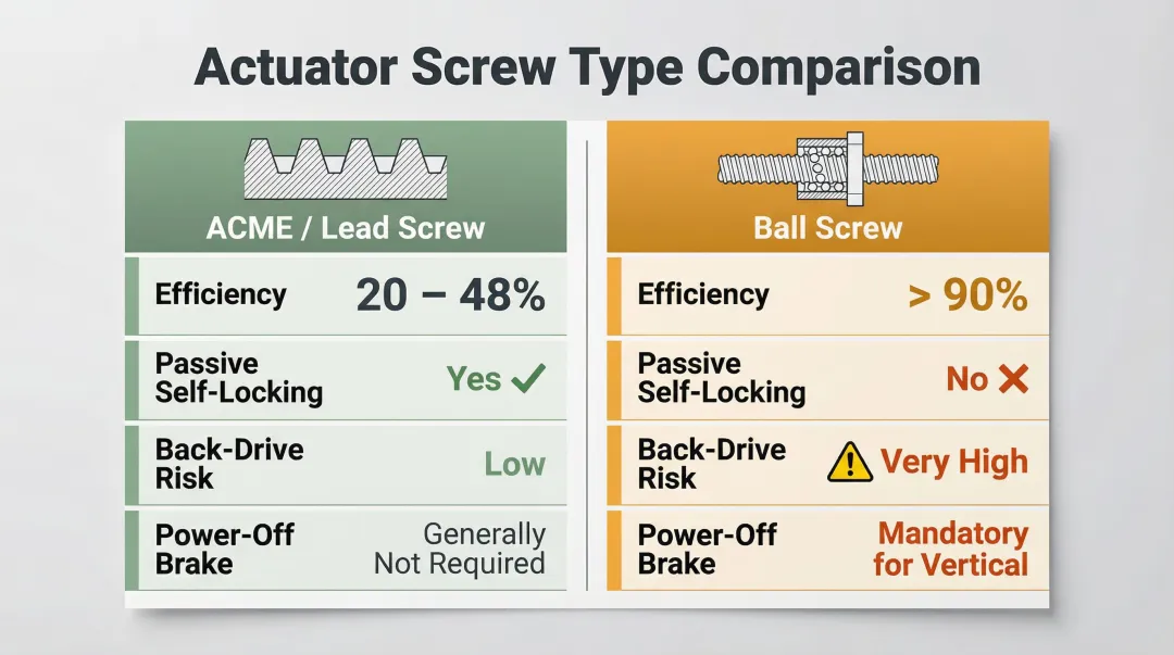ACME lead screw versus ball screw actuator holding force comparison table infographic