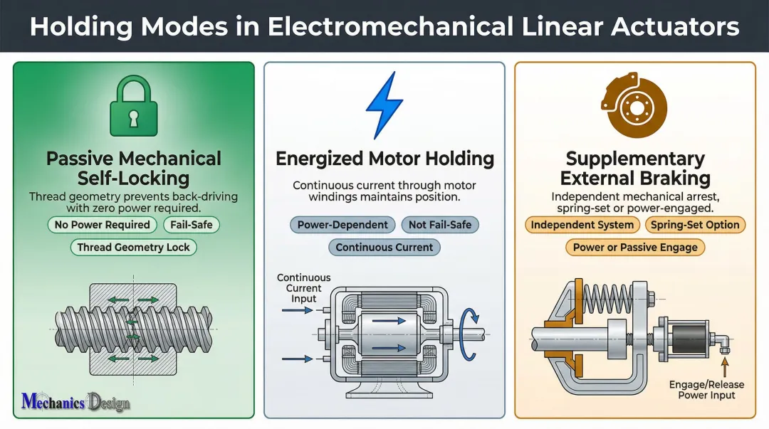 Three linear actuator holding modes passive mechanical energized motor and external brake