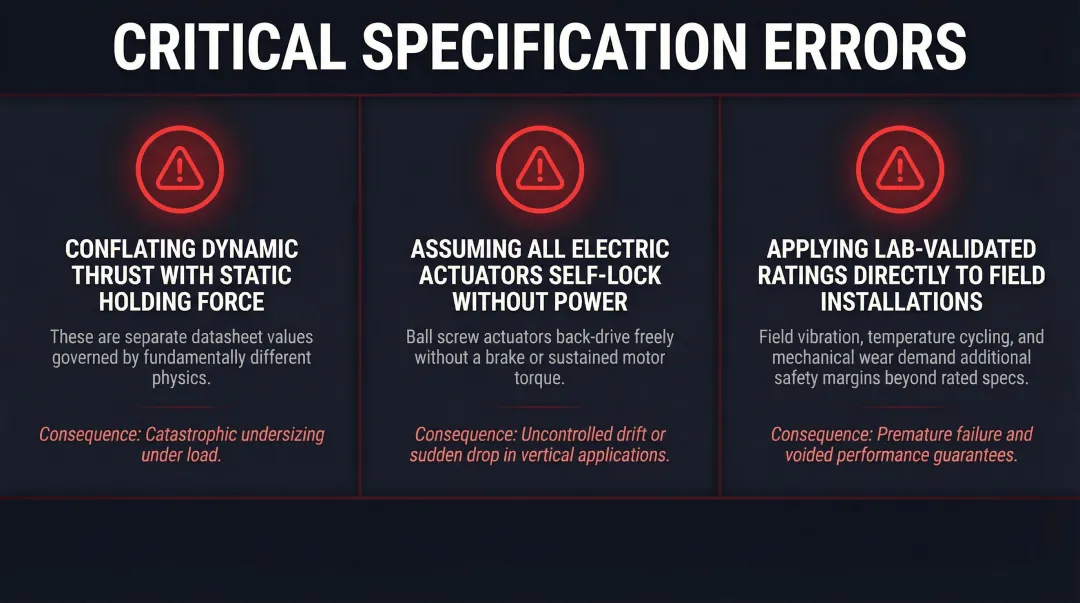 Three critical linear actuator holding force specification errors engineers must avoid
