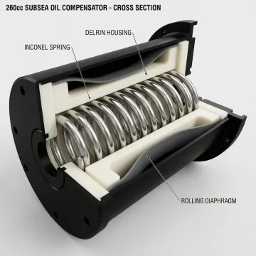 Oil compensator with rolling diaphragm assembly for subsea pressure control