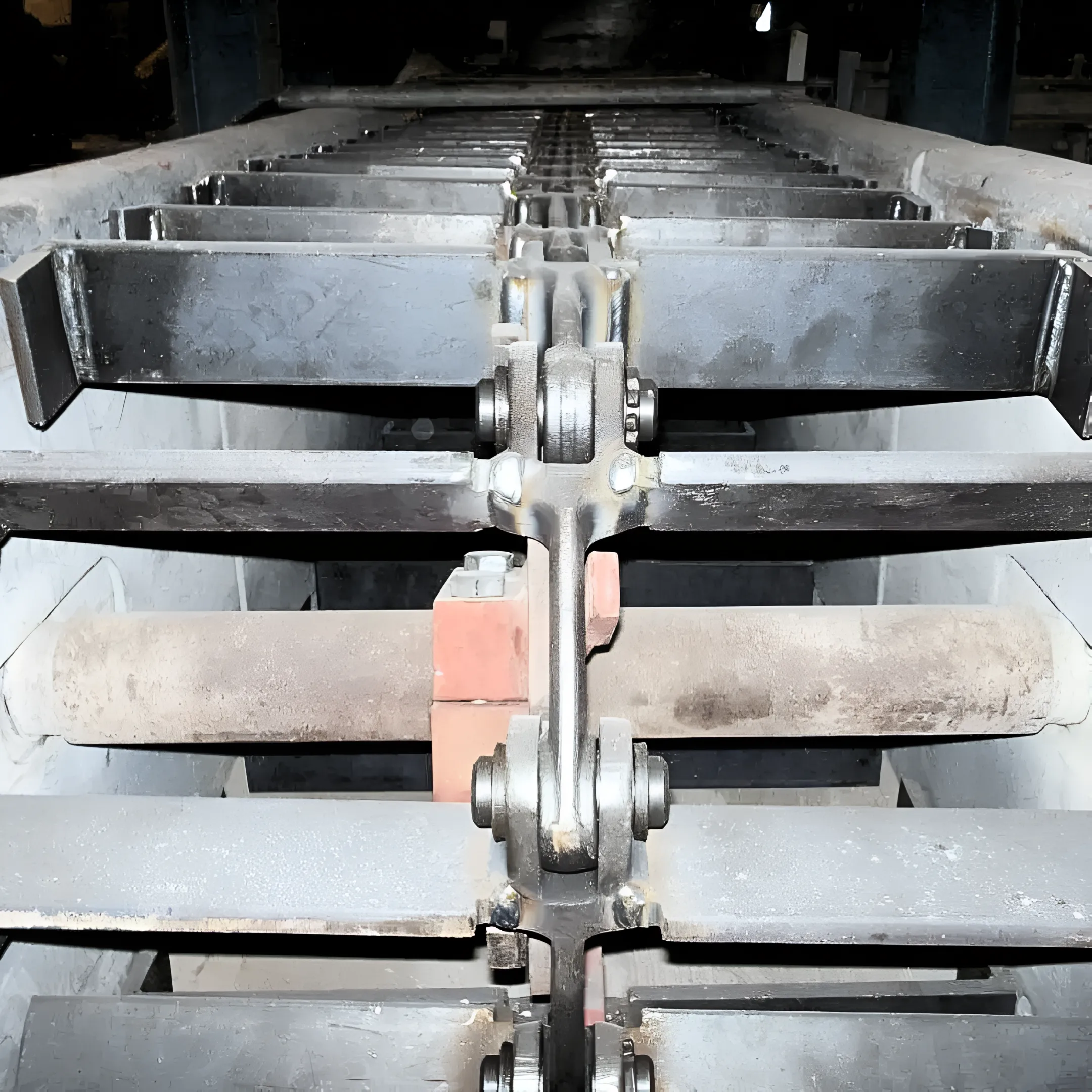 Technician inspecting industrial conveyor chain