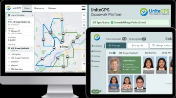UniteGPS dashboard showing real-time bus tracking and ridership scanning interface