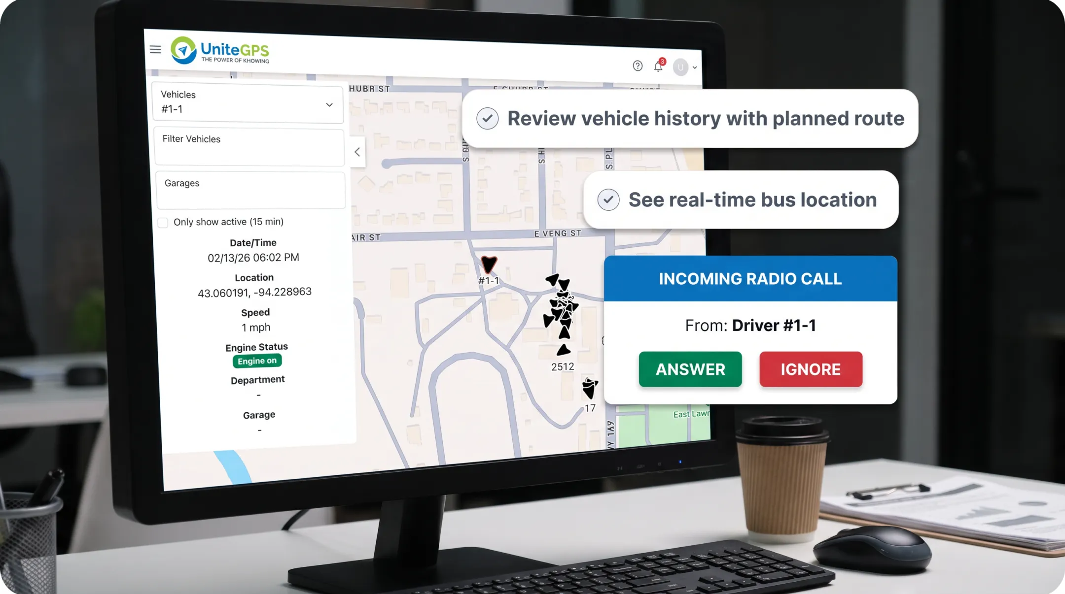 Dispatch dashboard showing live bus location during radio call