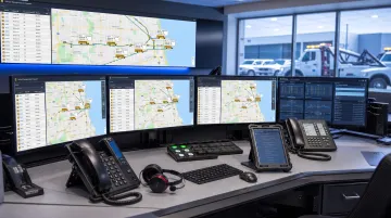 School transportation dispatcher monitoring real-time GPS tracking dashboard with multiple bus locations